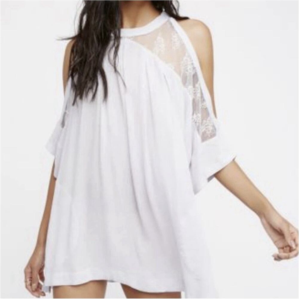 Free People Ivory Beachy And Peachy Cold Shoulder Gauzy Tunic Top Sz L